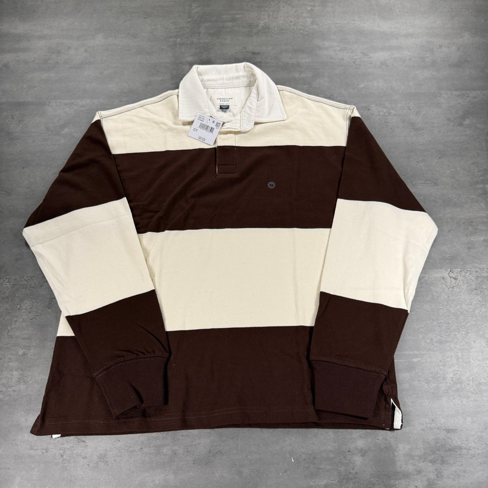 American Eagle Polo Rugby Shirt Mens XS Super Soft Brown Striped Long Sleeve NEW